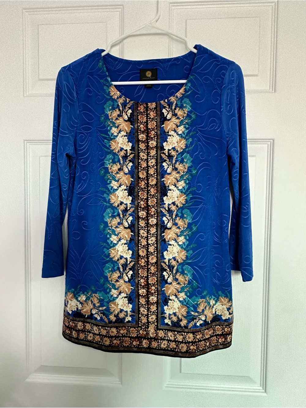 JM Collection Royal Blue Floral-Panel Long Sleeve Tunic